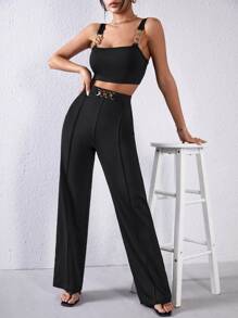 SHEIN Privé Chain Detail Cami Top & Straight Leg Trousers - Black - View 3