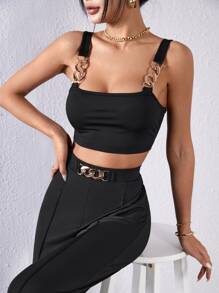 SHEIN Privé Chain Detail Cami Top & Straight Leg Trousers - Black - View 5