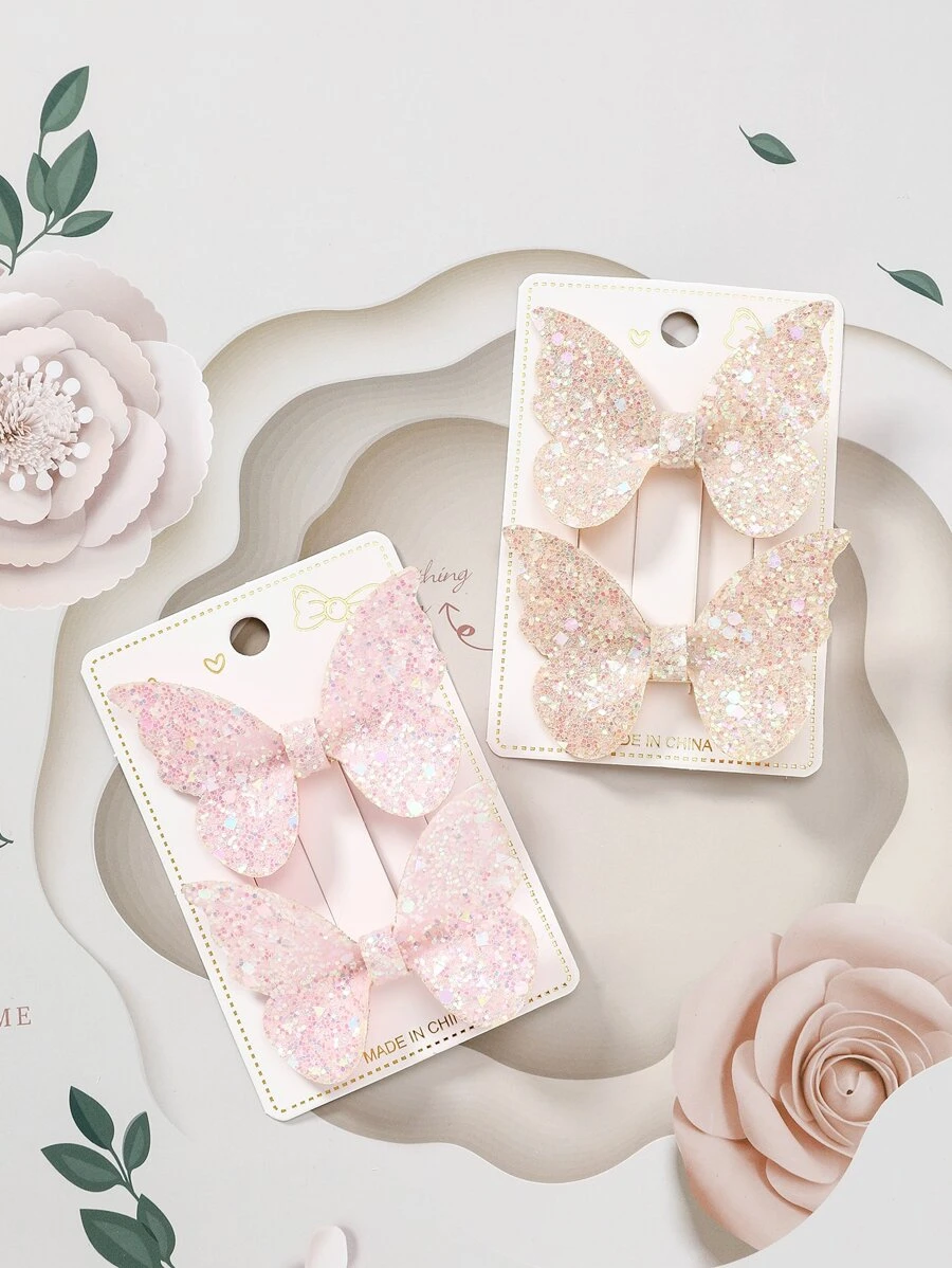 4个闪亮蝴蝶结发夹，可爱侧夹，韩式甜美发饰 - 彩色 - 查看 1