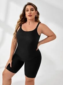 Plus Contrast Lace Shapewear Unitard Romper - Black - View 1