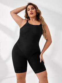 Plus Contrast Lace Shapewear Unitard Romper - Black - View 3