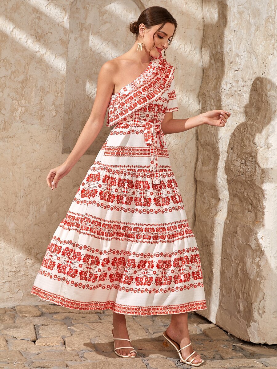 Mulvari Vestido con cinturón con estampado floral de un hombro ribete con fruncido - Rojo y blanco - Ver 1