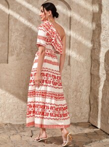 Mulvari Vestido con cinturón con estampado floral de un hombro ribete con fruncido - Rojo y blanco - Ver 2