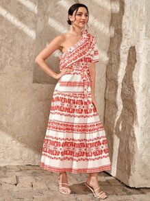 Mulvari Vestido con cinturón con estampado floral de un hombro ribete con fruncido - Rojo y blanco - Ver 4