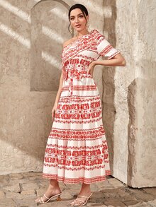 Mulvari Vestido con cinturón con estampado floral de un hombro ribete con fruncido - Rojo y blanco - Ver 5