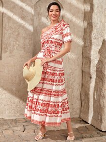 Mulvari Vestido con cinturón con estampado floral de un hombro ribete con fruncido - Rojo y blanco - Ver 6