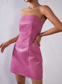SHEIN BAE Zip Back PU Leather Tube Dress - Pink - View 1
