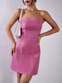 SHEIN BAE Zip Back PU Leather Tube Dress - Pink - View 5