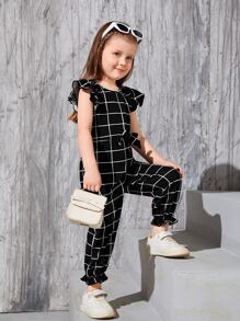 SHEIN Young Girl Windowpane Print Butterfly Sleeve Flounce Hem Bow Front Jumpsuit