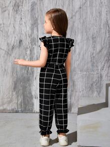SHEIN Young Girl Windowpane Print Butterfly Sleeve Flounce Hem Bow Front Jumpsuit