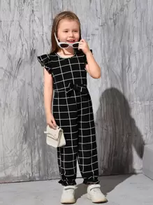 SHEIN Young Girl Windowpane Print Butterfly Sleeve Flounce Hem Bow Front Jumpsuit
