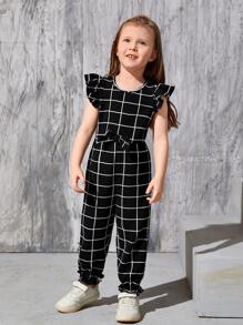SHEIN Young Girl Windowpane Print Butterfly Sleeve Flounce Hem Bow Front Jumpsuit