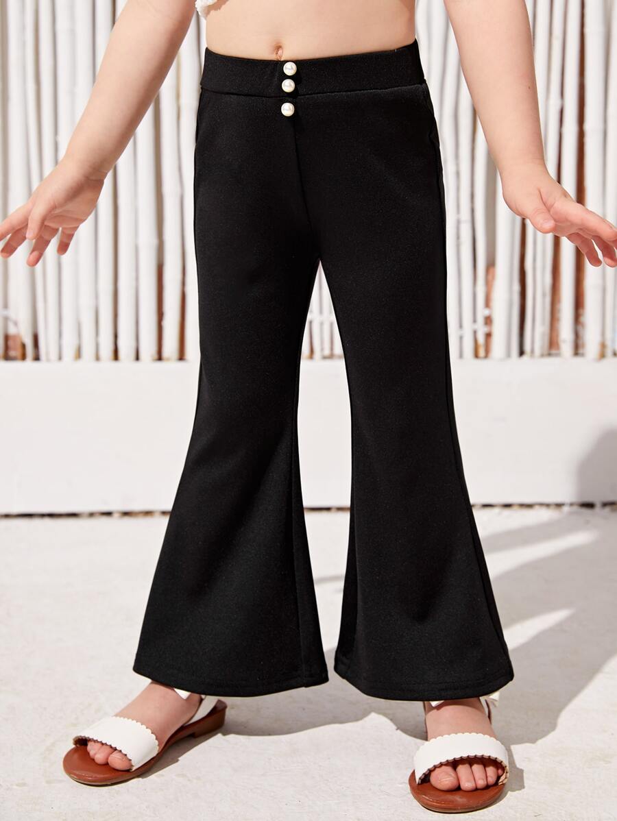 SHEIN Leap Crew 年轻女孩休闲百搭针织柔软装饰纽扣松紧腰喇叭腿裤