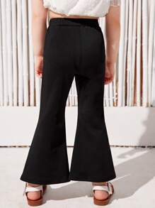 SHEIN Leap Crew 年轻女孩休闲百搭针织柔软装饰纽扣松紧腰喇叭腿裤 - 黑色 - 查看 3