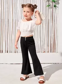 SHEIN Leap Crew 年轻女孩休闲百搭针织柔软装饰纽扣松紧腰喇叭腿裤 - 黑色 - 查看 6