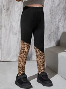 SHEIN 小女童豹紋彈性腰帶緊身打底褲 - 彩色 - 查看 1