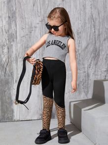 SHEIN 小女童豹紋彈性腰帶緊身打底褲 - 彩色 - 查看 3