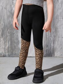 SHEIN 小女童豹紋彈性腰帶緊身打底褲 - 彩色 - 查看 4