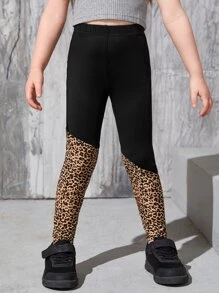 SHEIN 小女童豹紋彈性腰帶緊身打底褲 - 彩色 - 查看 5