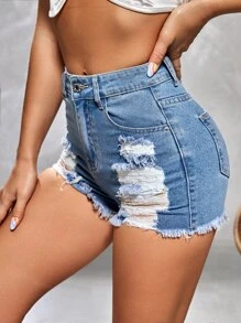 SHEIN Essnce 毛邊破洞牛仔短褲 - 淺色水洗藍 - 查看 4