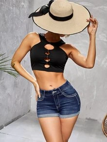 Embroidery Roll Hem Denim Shorts - Dark Wash - View 3