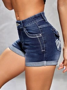 Embroidery Roll Hem Denim Shorts - Dark Wash - View 4