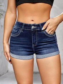 Embroidery Roll Hem Denim Shorts - Dark Wash - View 5