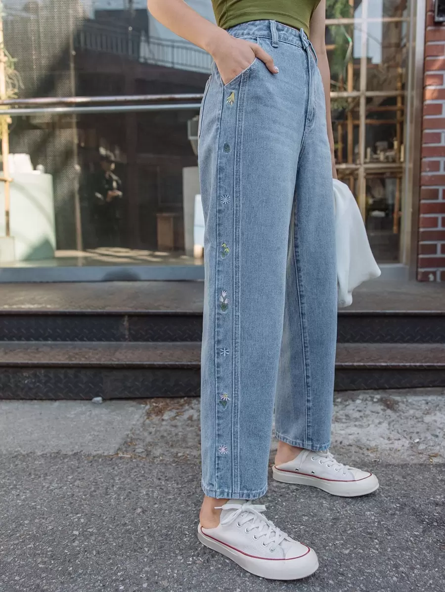 DAZY High Waist Floral Embroidered Straight Leg Jeans,Back To School Clothes - Light Wash - View 1
