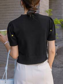 DAZY Puff Sleeve Letter Embroidery Knit Top - Black - View 2