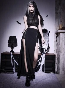 Gothic Contrast Sheer Mesh Crop Tank Top & Split Thigh Skirt - Black - View 1