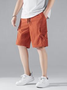 Manfinity Men Letter Patched Flap Pocket Side Drawstring Waist Shorts - Burnt Orange - View 1