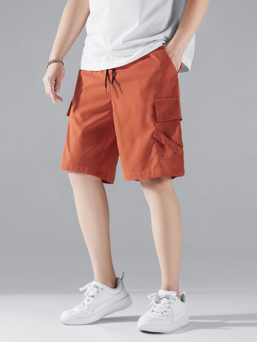 Manfinity Men Letter Patched Flap Pocket Side Drawstring Waist Shorts - Burnt Orange - View 1