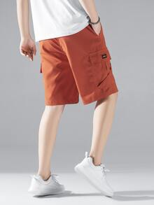 Manfinity Men Letter Patched Flap Pocket Side Drawstring Waist Shorts - Burnt Orange - View 2