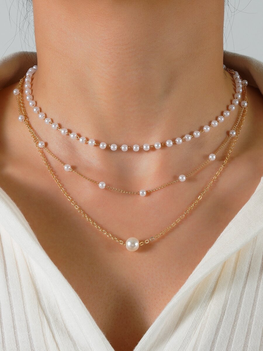 人造珍珠裝飾多層次項鍊 - 金黃色 - 查看 1
