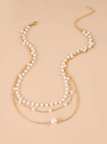 人造珍珠裝飾多層次項鍊 - 金黃色 - 查看 4
