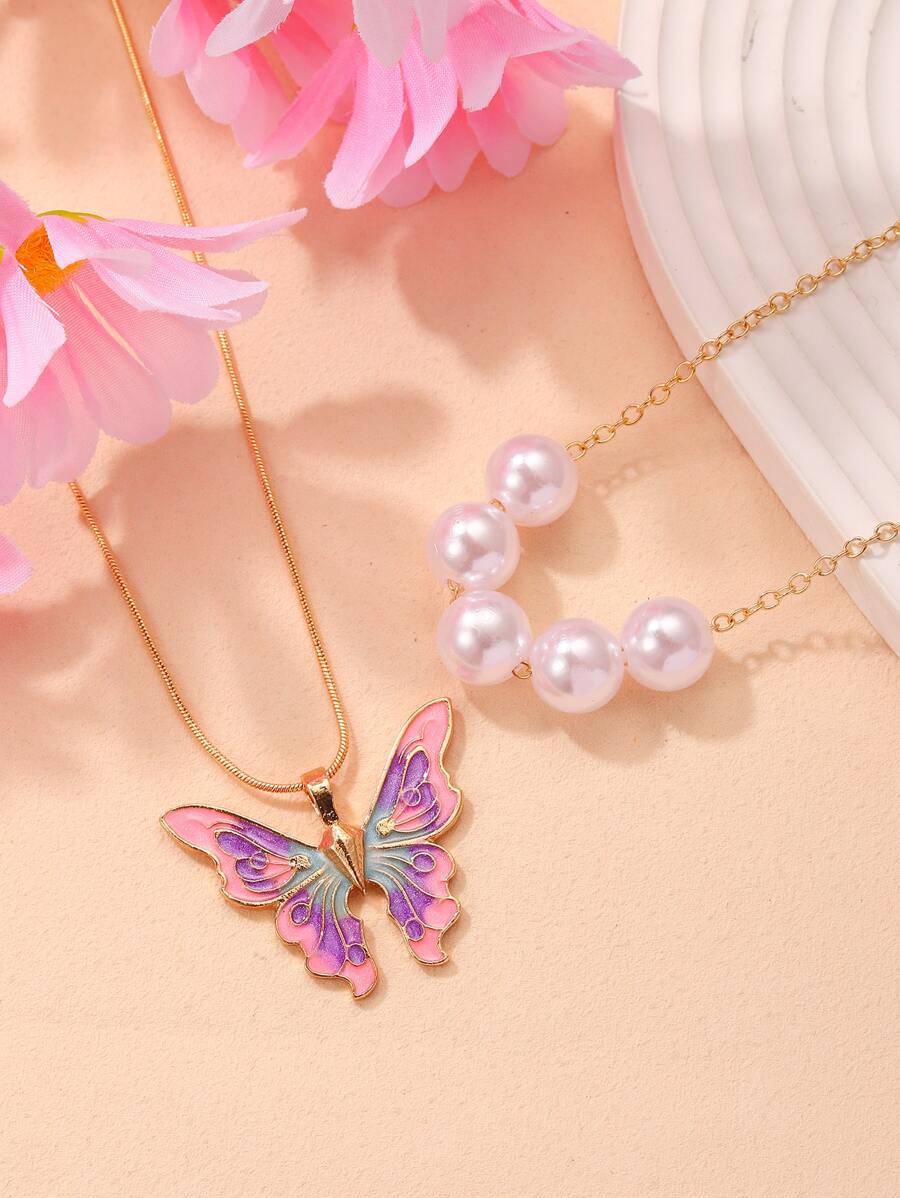 2入組蝴蝶和人工珍珠手鍊