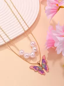 2入組蝴蝶和人工珍珠手鍊
