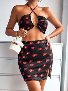 Lip Print Slit Hem Bodycon Skirt - Black - View 1