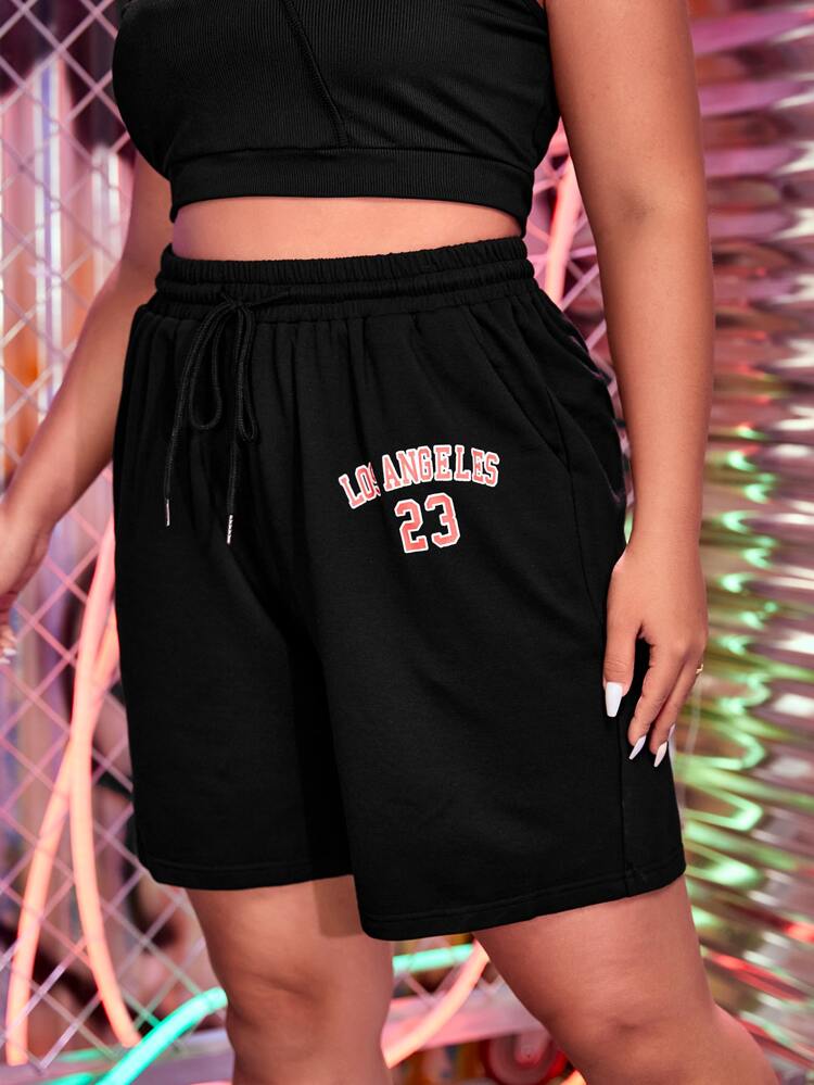 Plus Letter Graphic Drawstring Waist Shorts