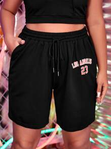 SHEIN EZwear Plus Letter Graphic Drawstring Waist Shorts - Black - View 3