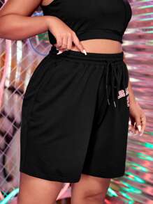 SHEIN EZwear Plus Letter Graphic Drawstring Waist Shorts - Black - View 4