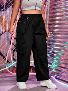 SHEIN EZwear Plus Flap Pocket Side Cargo Trousers - Black - View 2