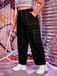 SHEIN EZwear Quần Plus Size Túi màu trơn Giải trí - màu đen - Xem 2