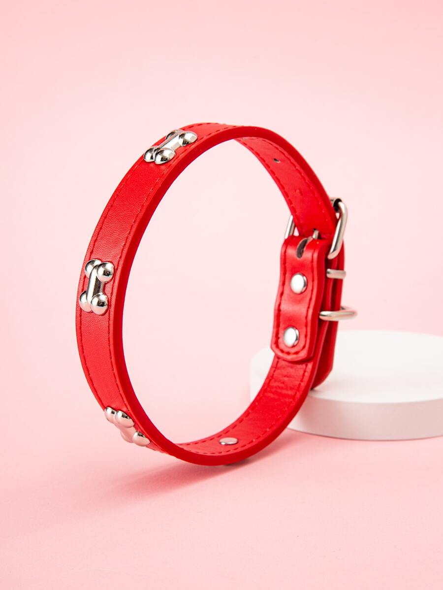 Bone Decorated Pu Leather Dog Collar - Red - View 1