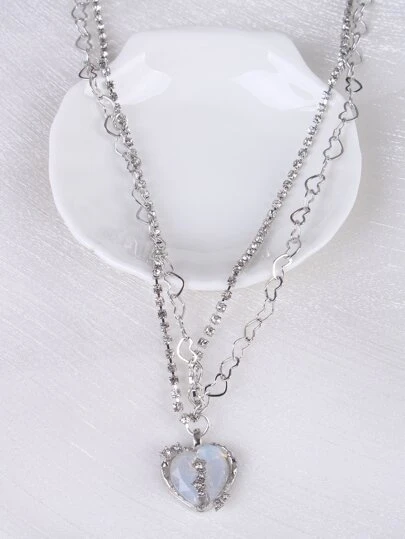 水鑽裝飾愛心掛飾多層次項鍊