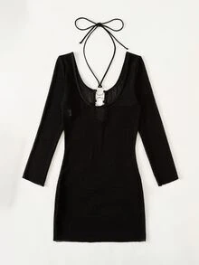 Ring Detail Halter Neck Cover Up Dress - Black - View 7