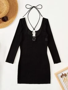 Ring Detail Halter Neck Cover Up Dress - Black - View 4