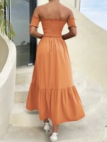 Off Shoulder Shirred Bodice Ruffle Hem Dress