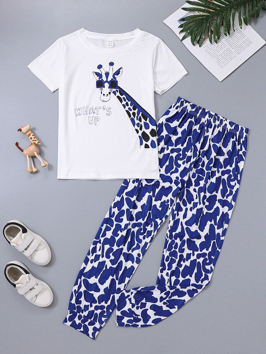 Boys Giraffe & Letter Graphic PJ Set - Blue and White - View 1