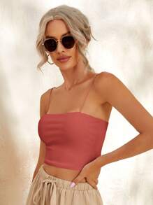 SHEIN Essnce Top de tirantes corto tejido de canalé unicolor - Rosa Oxidada - Ver 4